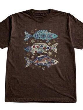 Brown Short Sleeve T-Shirt with Blue, Teal and Multi-Color Fish Graphic